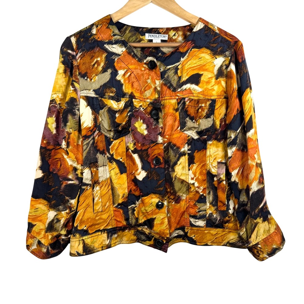 VTG Pendleton Silk Jacket sz LP Orange Floral Impressionist Artsy colorful